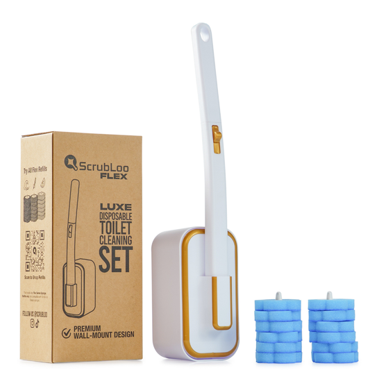 ScrubLoo Flex – Luxe Disposable Toilet Brush, White ,  Wand + Base + 12 Sponges