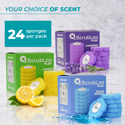 ScrubLoo Flex – Luxe Disposable Toilet Brush, White ,  Wand + Base + 12 Sponges